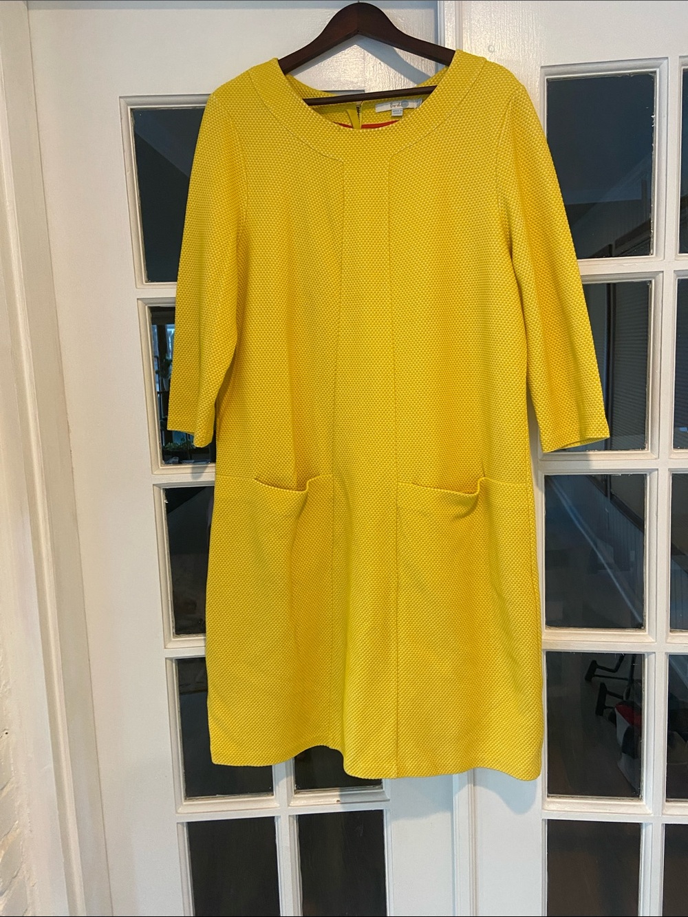 Boden Yellow Textured Jacquard Shift Dress with Front Patch Pockets